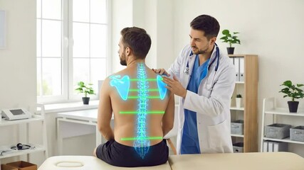 caucasian doctor examining patient back with digital spine hologram overlay. physiotherapy and chiropractic treatment concept. medical clinic interior, healthcare  - Powered by Adobe