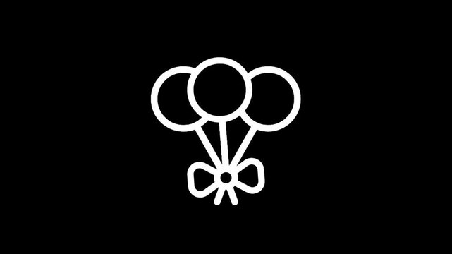 Simple line art icon of three balloons tied with a bow on a black background