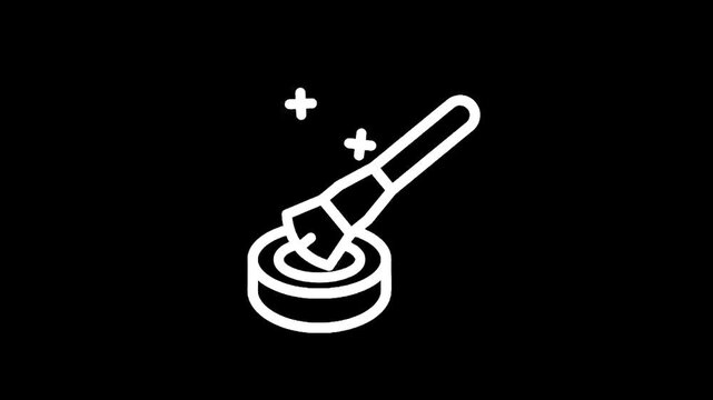 White line art icon of a makeup brush dipping into a cosmetic compact on a black background
