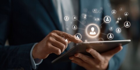 Businessman Using Digital Tablet for Customer Relationship Management and HR Recruitment