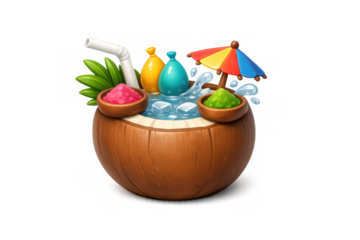 Tropical coconut drink with colorful umbrella and ingredients for summer party theme