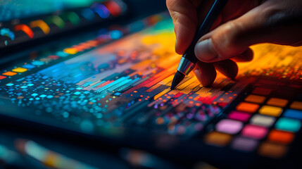 Closeup of a Hand Using a Brush on a Vibrant Digital Art Tablet