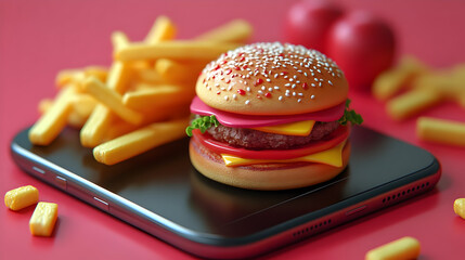 Closeup of a Juicy Cheeseburger with Crispy Fries on a Smartphone
