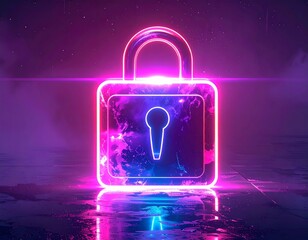 Lock symbol with neon light design in a dark space during night