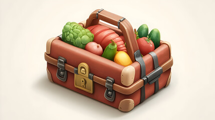 Brown Vintage Basket Filled with Fresh Vegetables Fruit and Meat