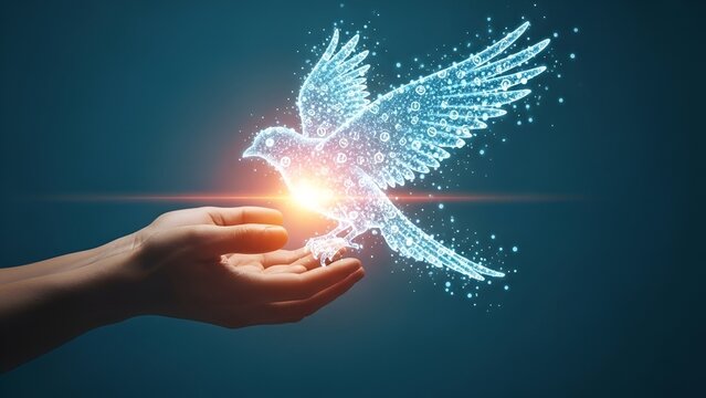 A glowing digital dove emerges from an open hand, symbolizing hope and new beginnings.