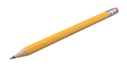 A classic yellow hexagonal writing instrument with a pink eraser tip and a sharpened graphite point isolated on transparent background