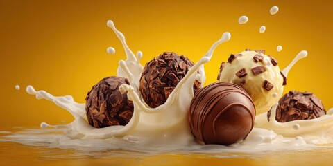 Delicious Chocolate Truffles and Melted Chocolate Chunks with Pouring Milk on Golden Background