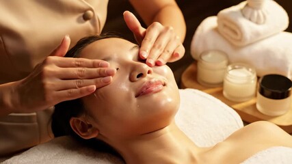 beautiful asian woman enjoying facial massage in luxury spa salon. therapist hands applying cream on skin. wellness and skincare treatment. beauty blog