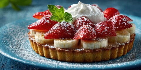 Delicious Strawberry and Banana Fruit Tart with Cream Filling and Powdered Sugar on Blue Plate