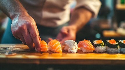 Chef Preparing Salmon Nigiri Sushi on Wooden Board