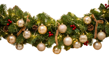 Festive Christmas Garland With Golden Ornaments Pine Cones Red Berries and Twinkling Lights isolated on transparent background