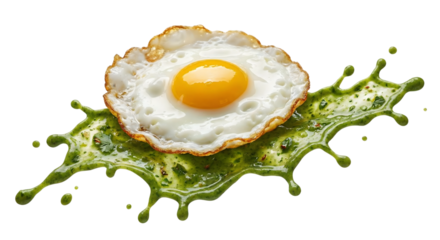 Fried Egg with Green Sauce Splash isolated on transparent background