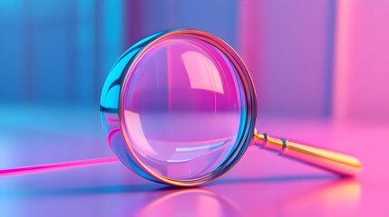 Close Up Of A Magnifying Glass On Pink And Purple Neon Background