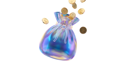 Golden Coins Pouring From A Bag Of Riches Transparent Background Asset isolated on transparent background