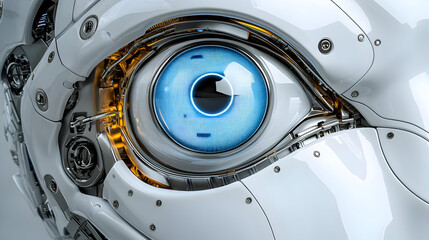 Close-Up of a Robotic Eye with Blue Iris and Metallic Components
