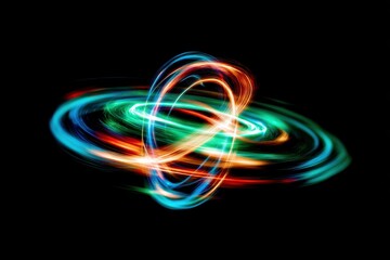 Dynamic light trails forming abstract energy rings on black background, ideal for technology marketing, science visuals, innovation campaigns or futuristic digital backgrounds