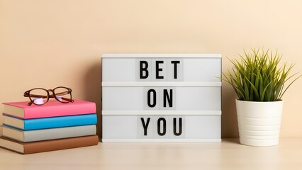 Motivational message on lightbox with books and plant
