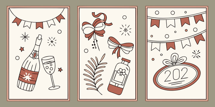 Set of three new year celebration greeting card illustrations with champagne bottle glass bow festive banners and 202 number style celebration champagne greeting illustration