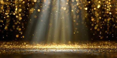 Festive Stage with Golden Confetti Rain and Light Beam for Celebrations or Presentations