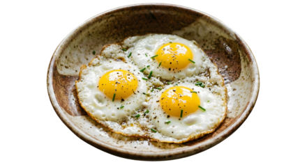 Three Sunny Side Up Eggs with Herbs and Pepper in a Rustic Bowl isolated on transparent background
