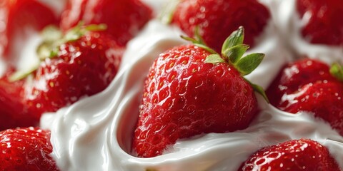 Fresh Red Strawberries with Smooth Cream - Close-Up of a Delicious Fruit Dessert