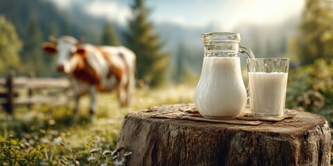 Fresh Milk in Glass and Jug on Wooden Stump with Grazing Cow in Meadow