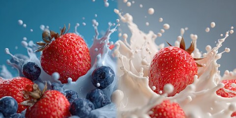Fresh Strawberries and Blueberries in Creamy Milk Splash