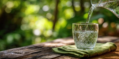 Fresh Water Being poured into a glass on wooden table outdoors with greenery