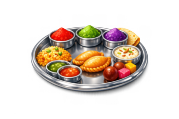 Holi festival thali with traditional sweets and colors for indian celebration design