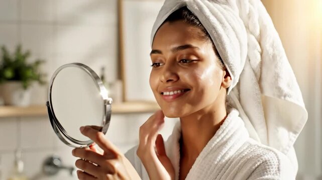young indian woman in bathrobe applying face cream and looking in mirror. beauty skincare routine and morning hygiene. cosmetology, facial spa treatment.