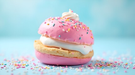 Cute kawaii-style illustration of a smiling pink dessert burger with sprinkles and cream, pastel background, playful character design