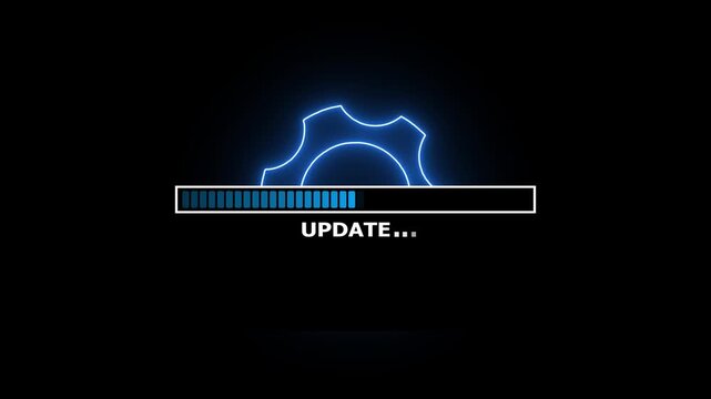 Update progress bar with gear icon and system operation status. Software update workflow with animated loading progress. Digital update process display for system maintenance tasks.