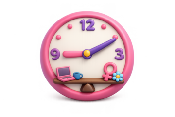 Creative work life balance clock design with laptop and feminine symbols for inspirational decor