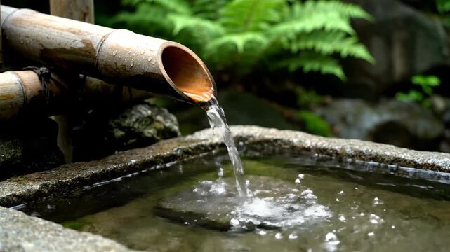 Traditional Japanese bamboo water fountain tsukubai flowing steadily into a rustic stone basin in a peaceful green Zen garden, perfect for meditation apps, wellness themes, or travel vlogs.