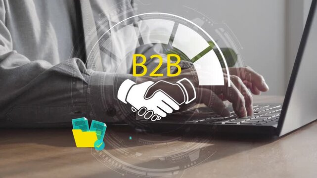 Business professional typing on laptop with B2B handshake interface and document workflow icons, symbolizing corporate partnership, sales deal, digital contract and online collaboration.