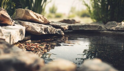 Obraz premium Natural Stone Water Feature with Calm Reflective Pool Surrounded by Greenery in Outdoor Garden
