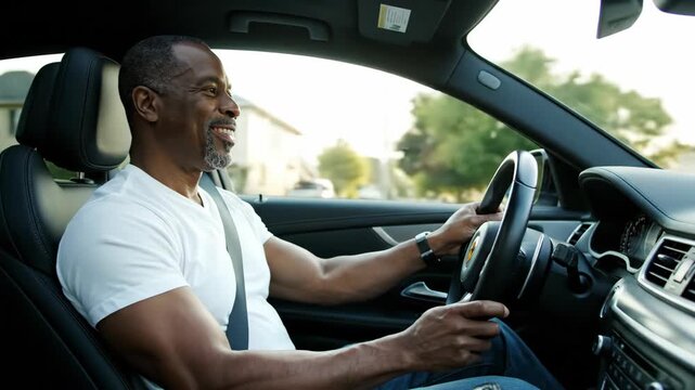 happy african american man driving modern car on sunny day. cheerful driver holding steering wheel during road trip. commute, travel and transportation concept.