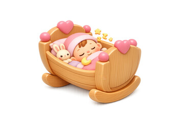Adorable cartoon baby cradle composition with sleeping infant and bunny companion for nursery decor