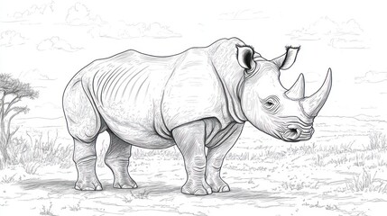 Rhinoceros in African Savanna Landscape Illustration