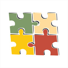 Four multicolored puzzle pieces forming square shape illustrating basic synergy and results