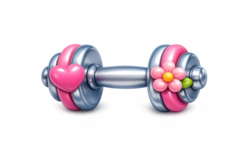 Cute cartoon dumbbell icon with heart and flower elements for fitness and health-themed designs