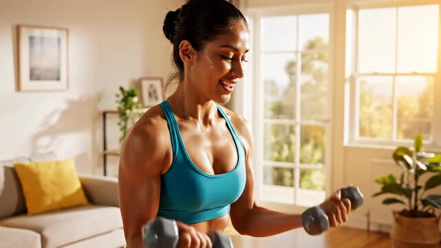 fit indian woman training with dumbbells at home during sunny morning. happy female athlete doing bicep curls. sport, health and wellness concept. fitness blog, social media post.