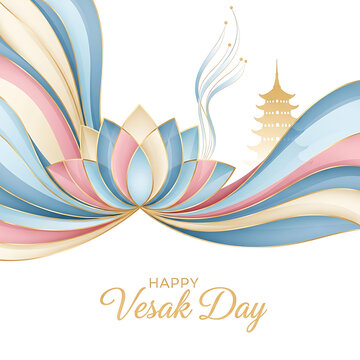 Happy Vesak Day greeting card with lotus flower and pagoda illustration