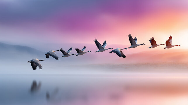 Vogelschwarm im Sonnenuntergang Himmel Freiheit Reise und Natur Konzept Set