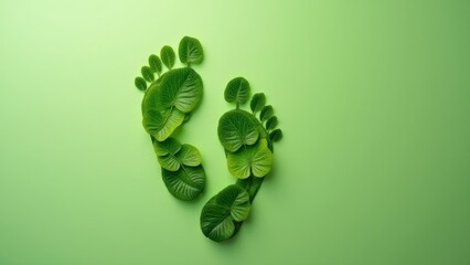 Green footprint made of leaves, carbon neutrality concept, environmental impact, eco consciousness, climate action, sustainable footprint, nature preservation, zero emission goal, ecological awareness