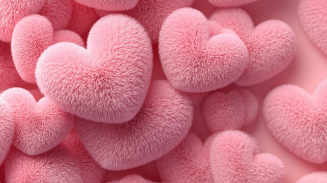 A bunch of fuzzy pink hearts are arranged in a pattern
