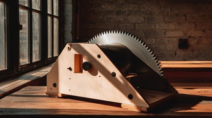 Obraz premium Wooden Saw with Large Metal Blade on Wooden Workbench in Rustic Workshop