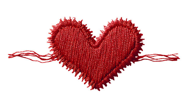 Red heart shaped object made of yarn or string isolated on transparent background for valentines day