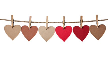 Colorful wooden hearts hanging on a rope with clothespins isolated on transparent background
